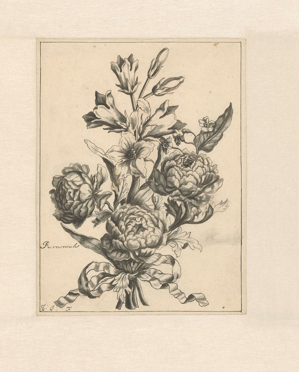 Boterbloemen met een lint samengebonden (1700 - 1800) by J Porteret