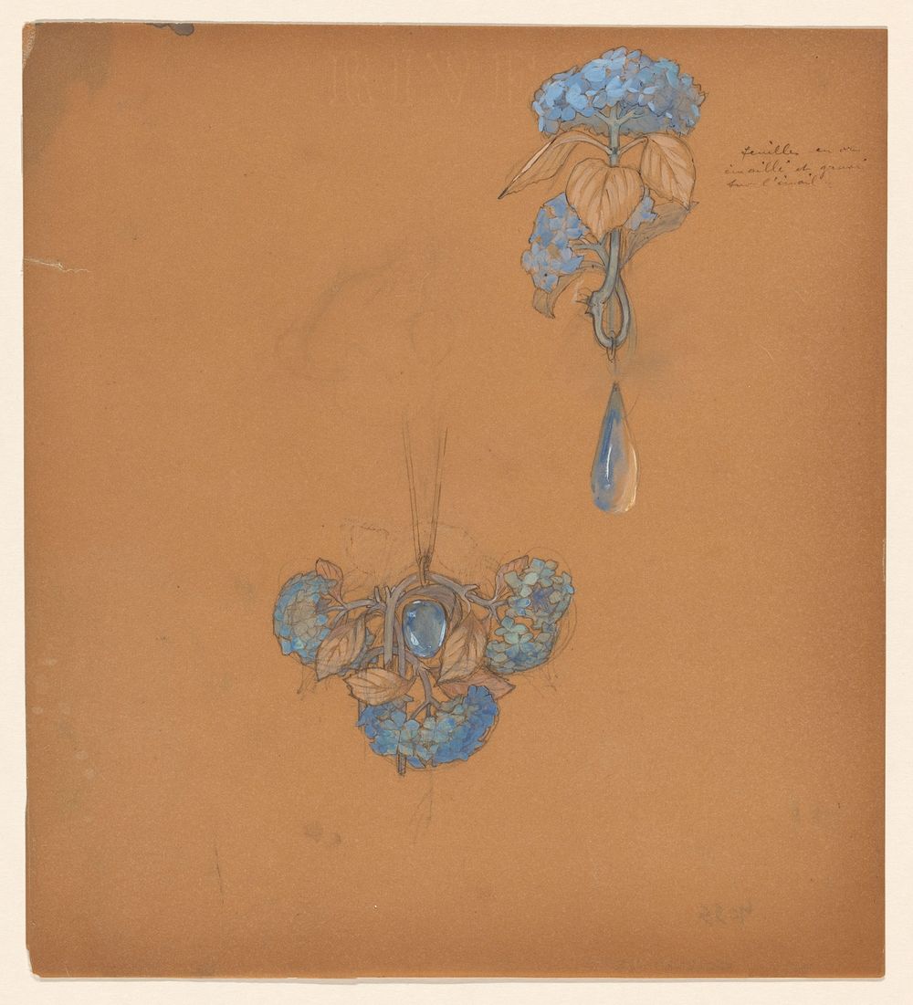Ontwerp voor twee hangers met blauwe hortensia’s en blauwe edelstenen (c. 1900 - c. 1904) by René Lalique
