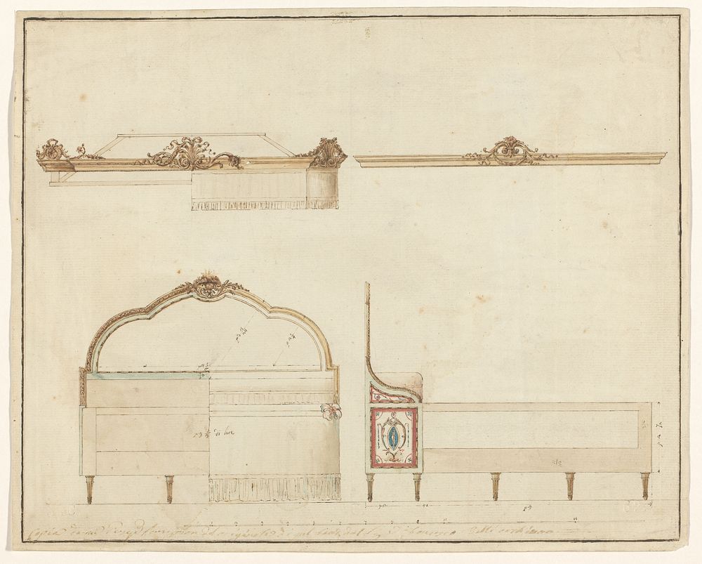 Voorzijde en zijkant van een bed, beide met een hemel (c. 1780) by anonymous and Francesco Belli