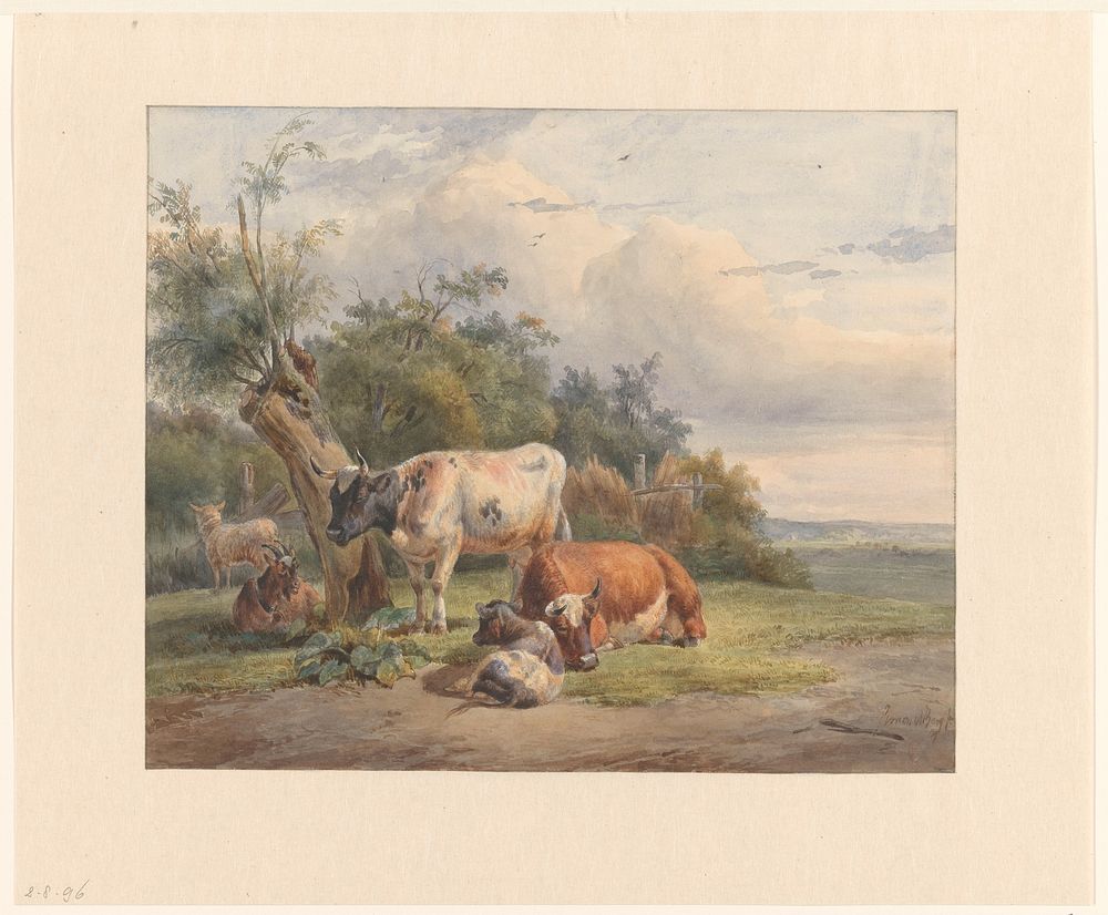 Landschap met vee bij een boom (1822 - 1891) by Simon van den Berg