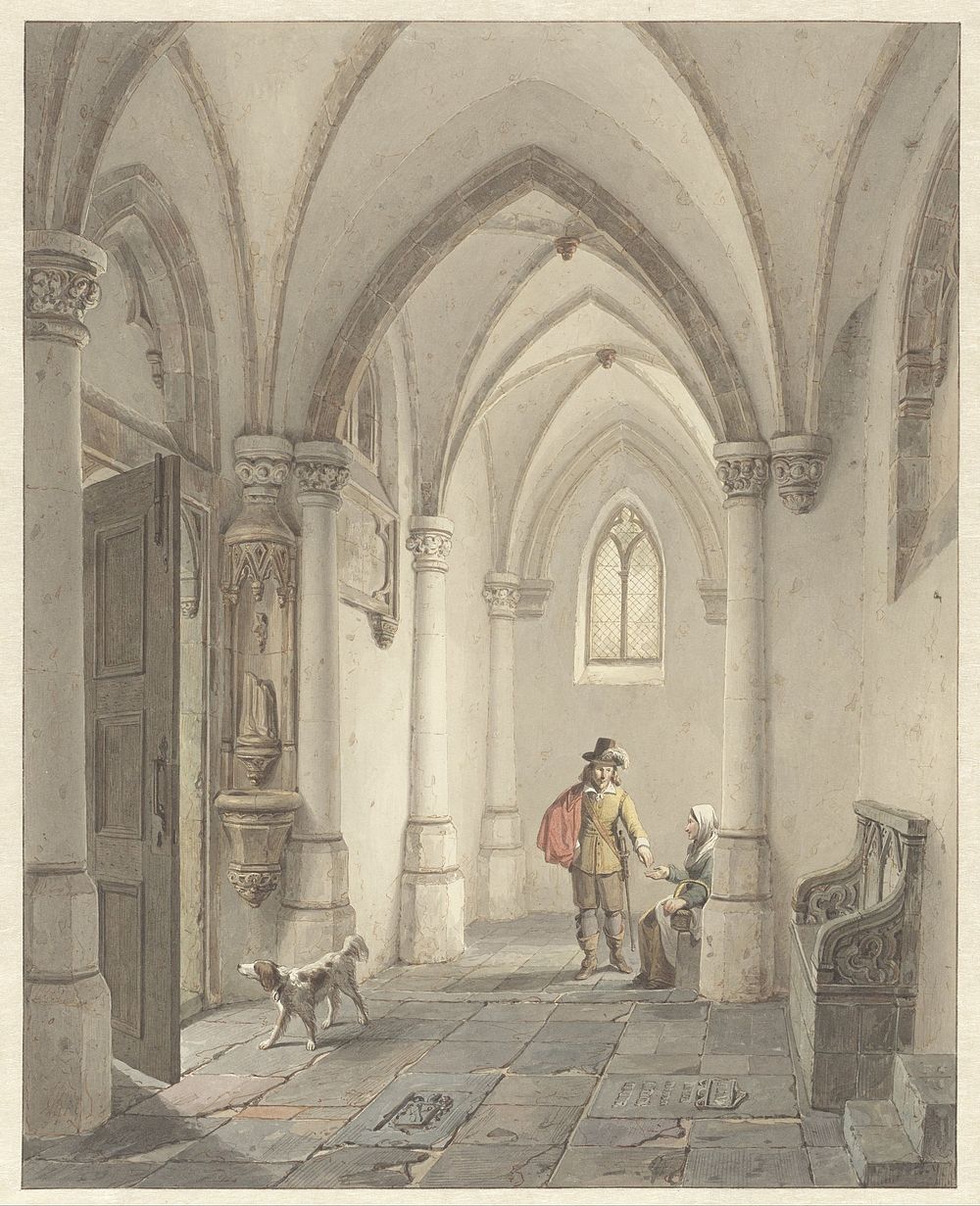 Kerkinterieur met man die bedelaarster een aalmoes geeft (1817 - 1879) by George Gillis Haanen