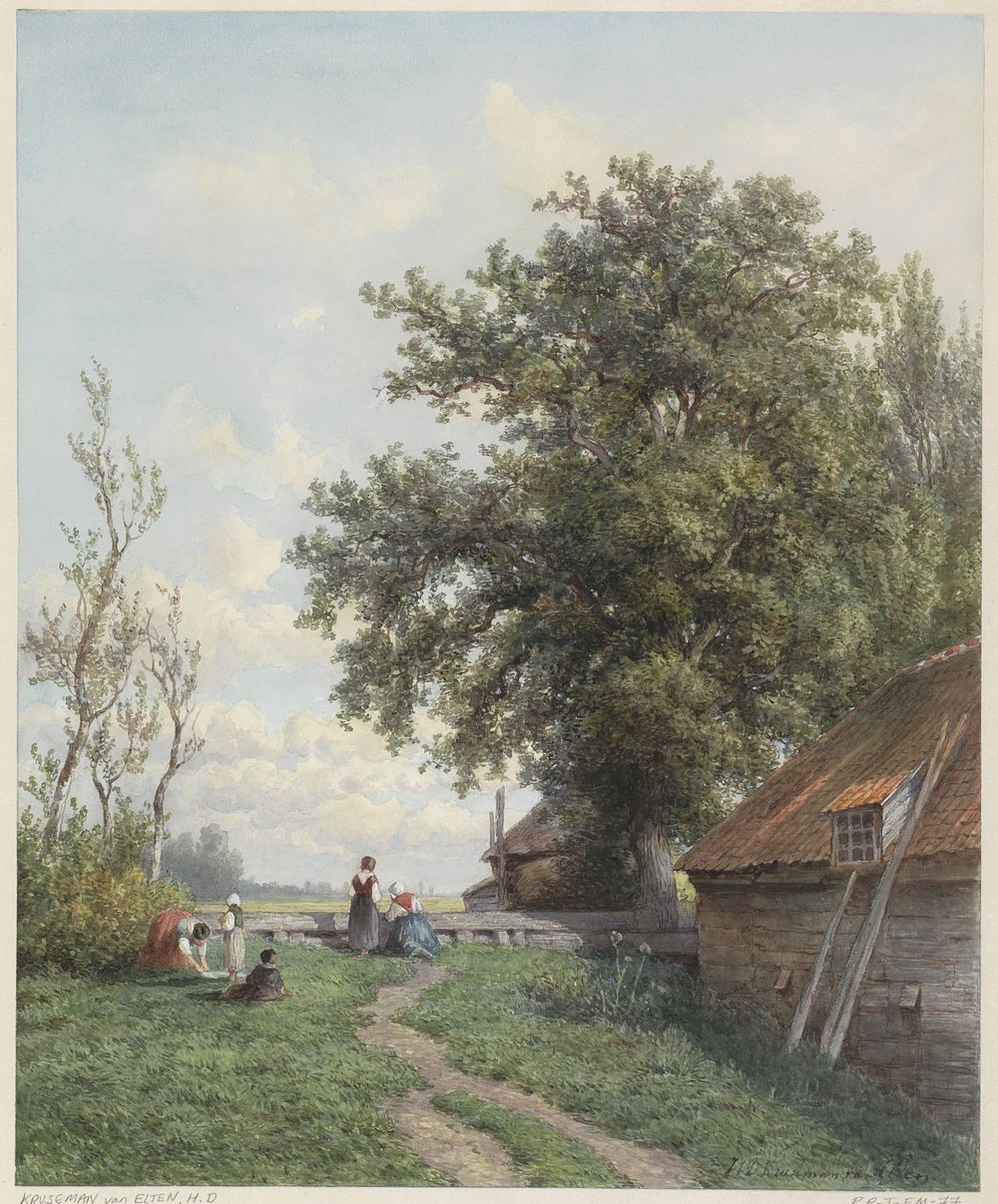Boerenerf met enige figuren, rechts een schuur en grote boom (1839 - 1904) by Hendrik Dirk Kruseman van Elten