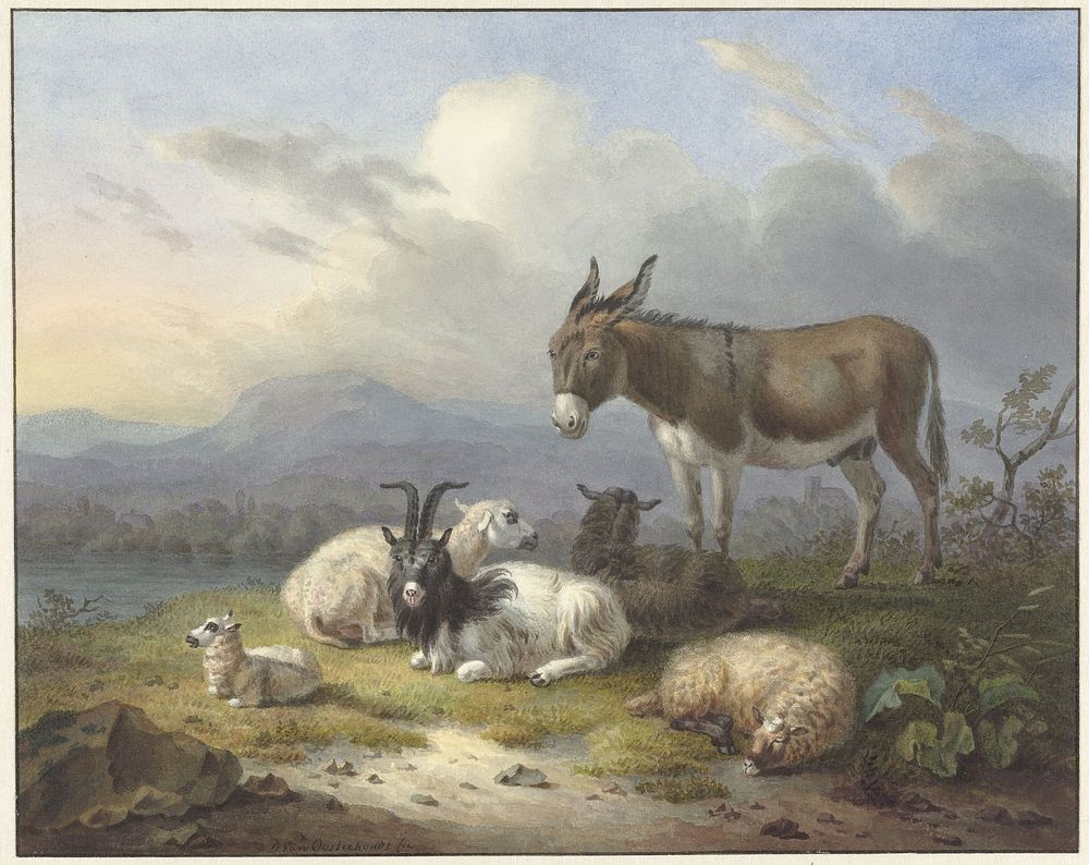 Landschap met ezel, geit en schapen (1791 - 1850) by Dirk van Oosterhoudt and Daniël van Oosterhoudt