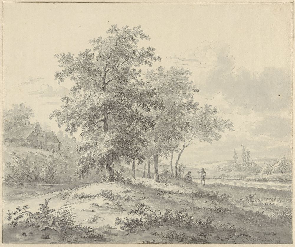Landschap met twee figuren onder bomen (1766 - 1830) by Daniël van Oosterhoudt and Dirk van Oosterhoudt
