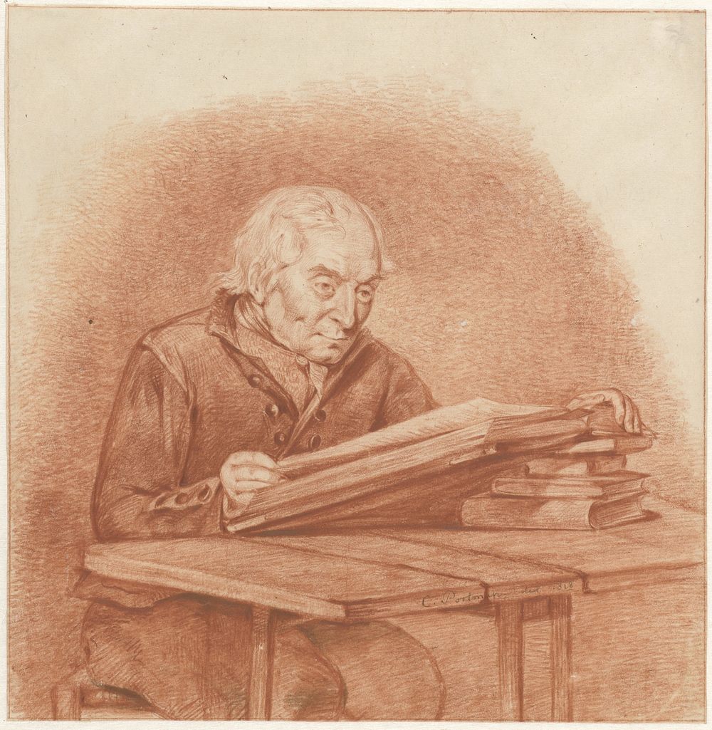 Lezende man, zittend aan tafel (1818) by Christiaan Julius Lodewijk Portman