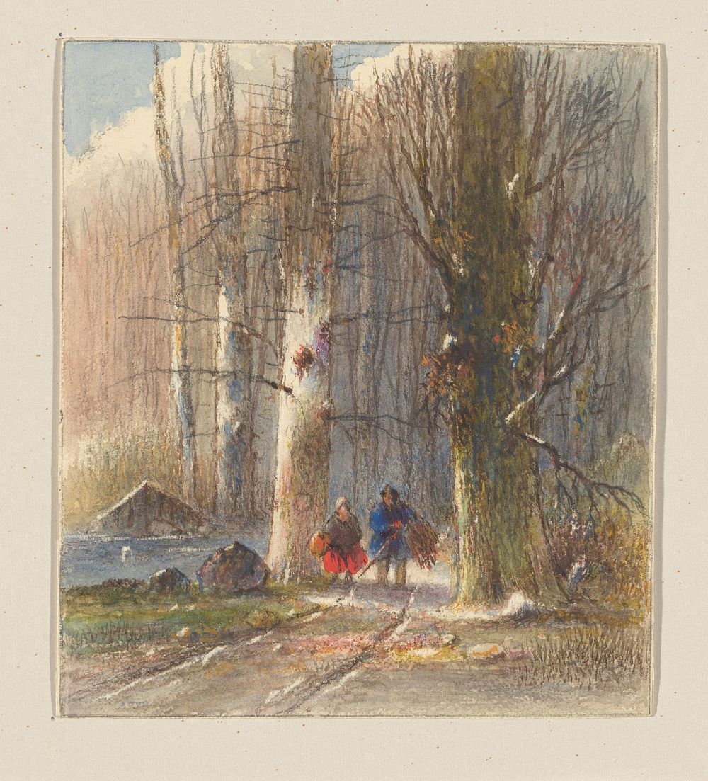 Winterlandschap: twee houtsprokkelaars komen het bos uit (1865) by Johannes Petrus Waterloo