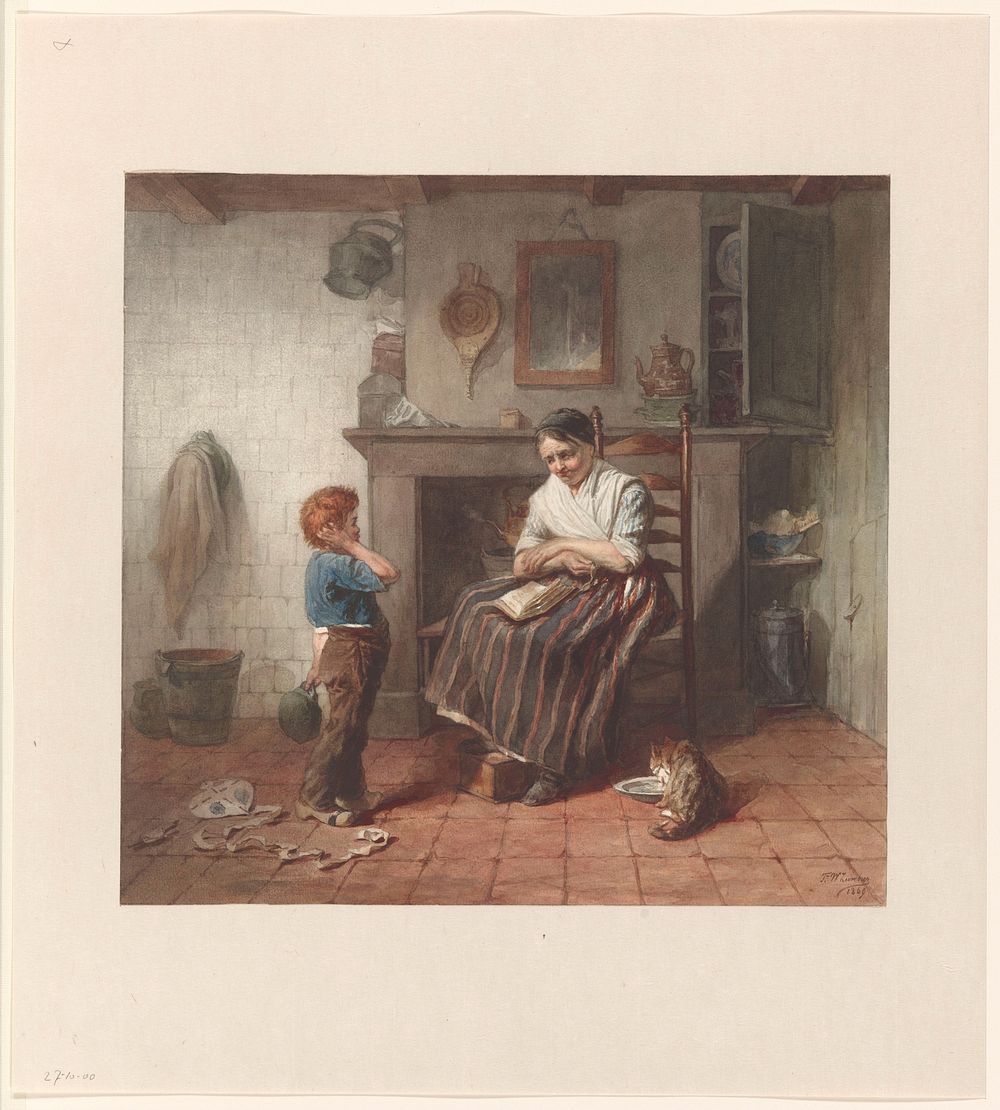 Interieur met een jongetje, een vlieger en een vrouw (1869) by Frederik Willem Zürcher