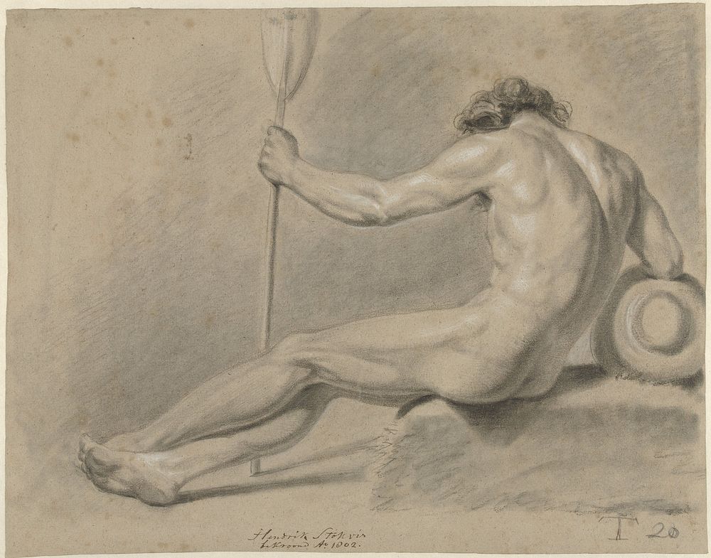Zittend mannelijk naakt, op de rug gezien, een roeispaan in de linkerhand (1801) by Hendrik Stokvisch