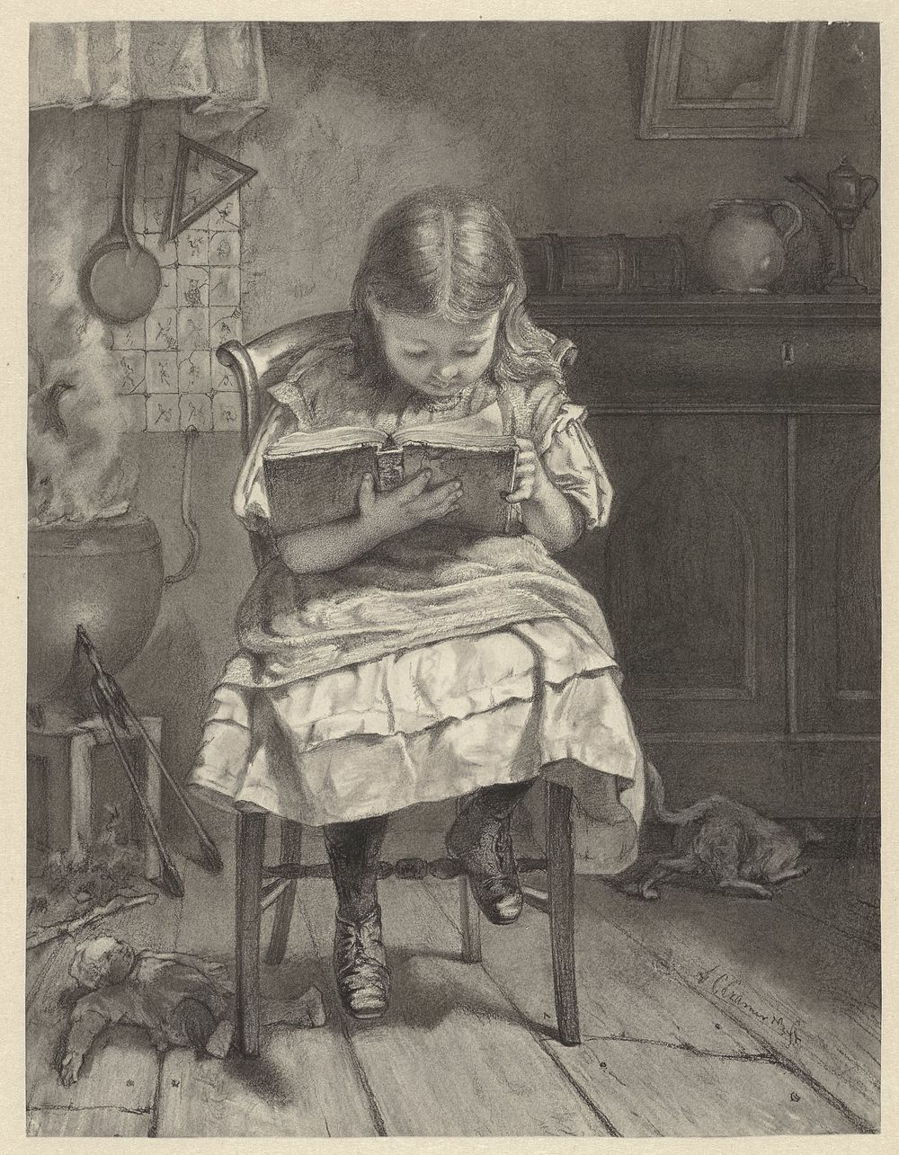 Zittend lezend meisje (1852 - 1914) by Anthony Cornelis Cramer