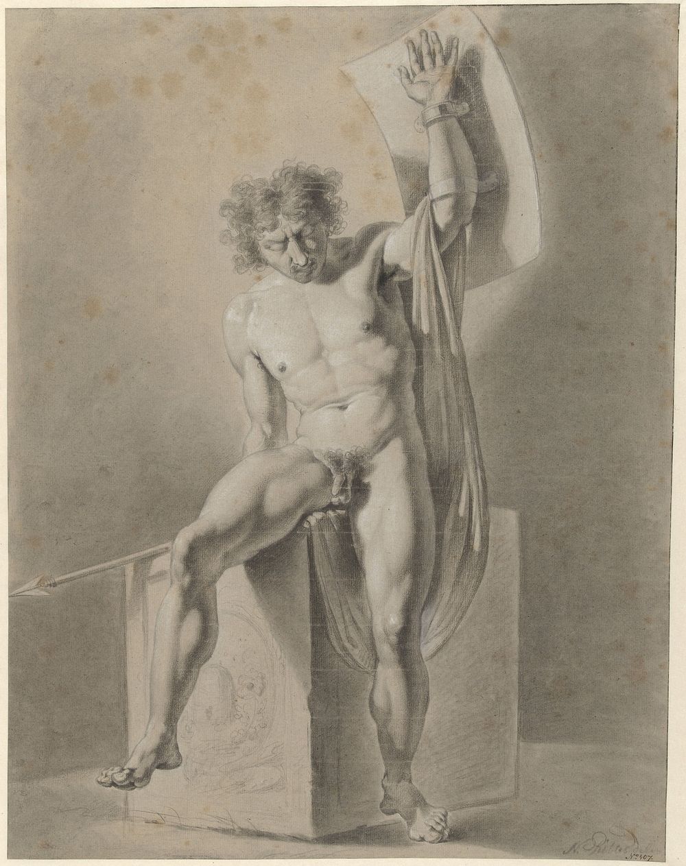 Mannelijk naakt, zittend op een blok, met speer en schild (1759 - 1809) by George Nikolaus Ritter