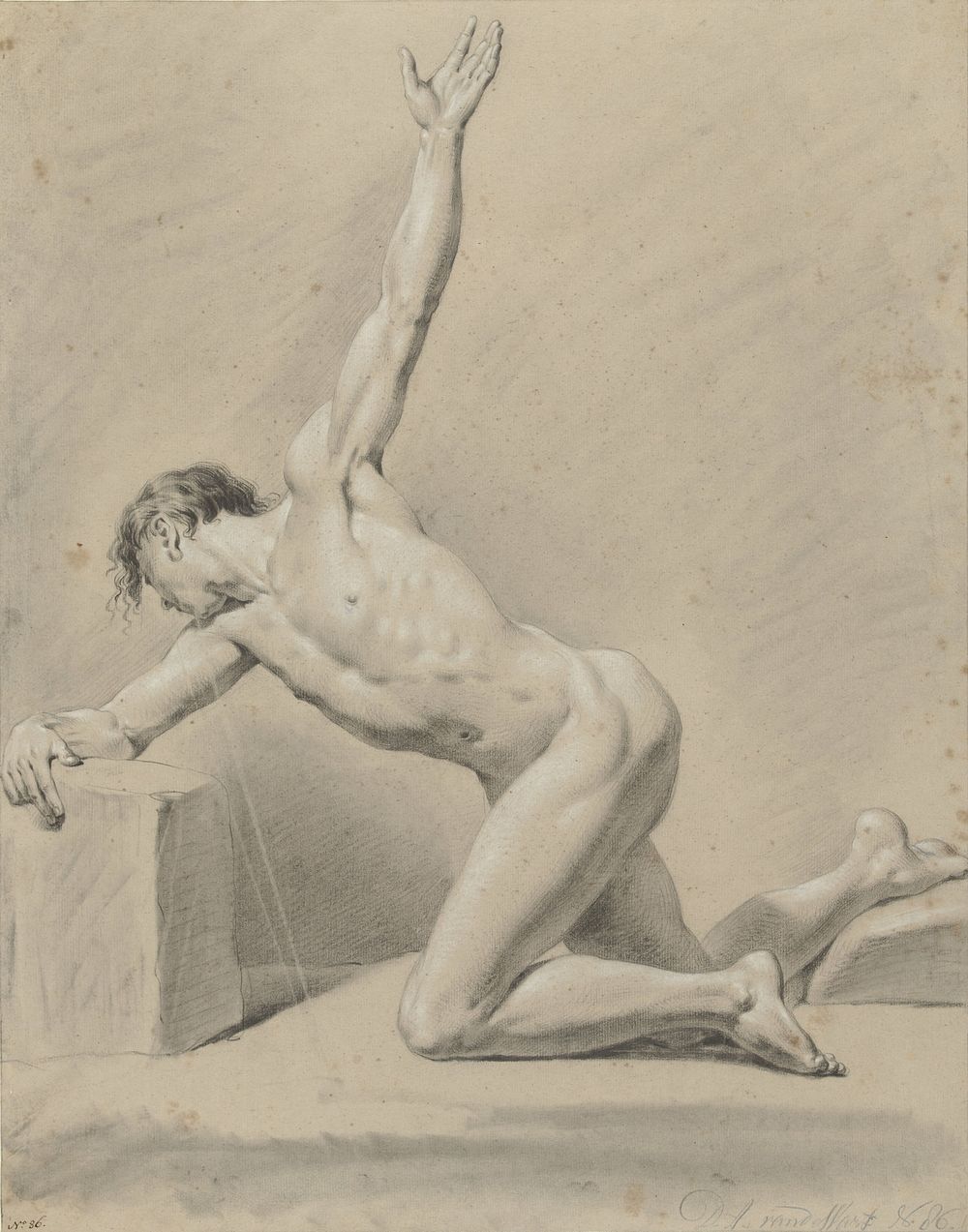 Mannelijk naakt, genield op de linkerknie, naar links (1780 - 1824) by Derk Anthony van de Wart