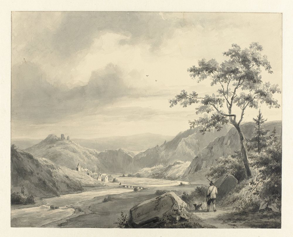 Heuvellandschap met jager met hond op pad (1838) by Pierre Louis Dubourcq