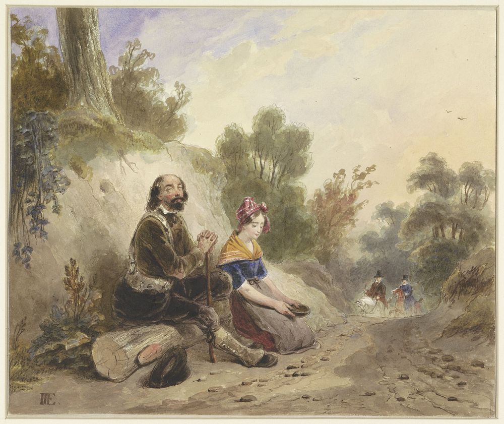 Blinde man met meisje, bedelend aan de kant van een landweg (1803 - 1861) by Jacob Joseph Eeckhout