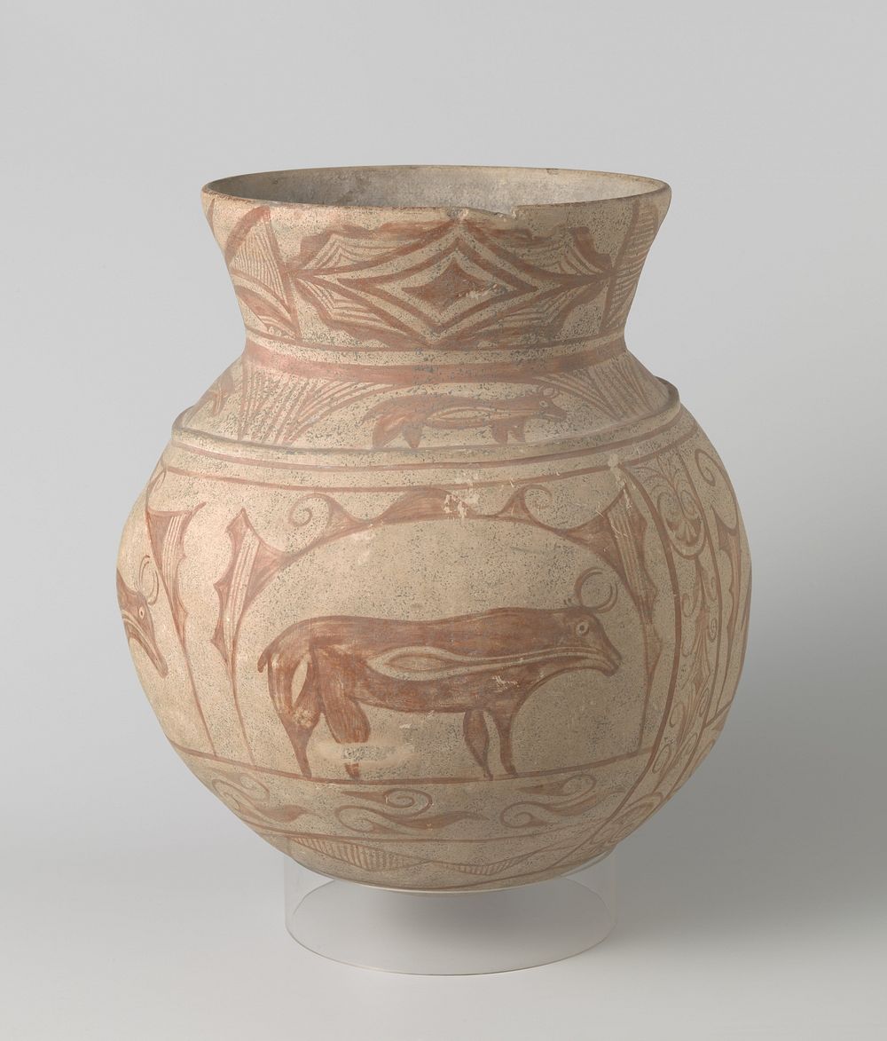 Round-bodied jar with oxen, scrolls and geometric patterns in a panel decoration (c. 1400 - c. 1950) by anonymous