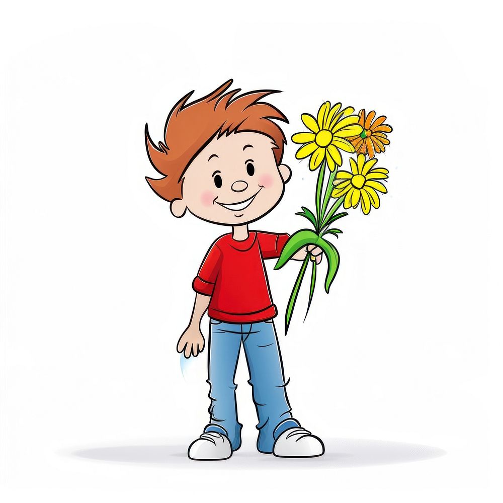 Boy holding a bouquet drawing cartoon sketch.