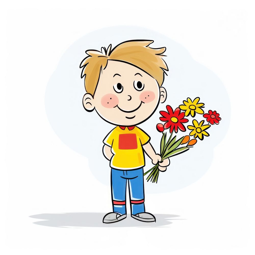 Boy holding a bouquet cartoon cute white background.