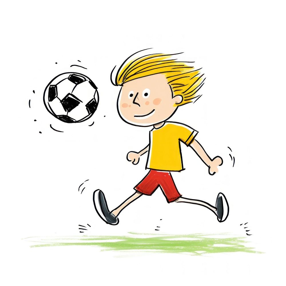 Boy playing football kicking drawing cartoon.