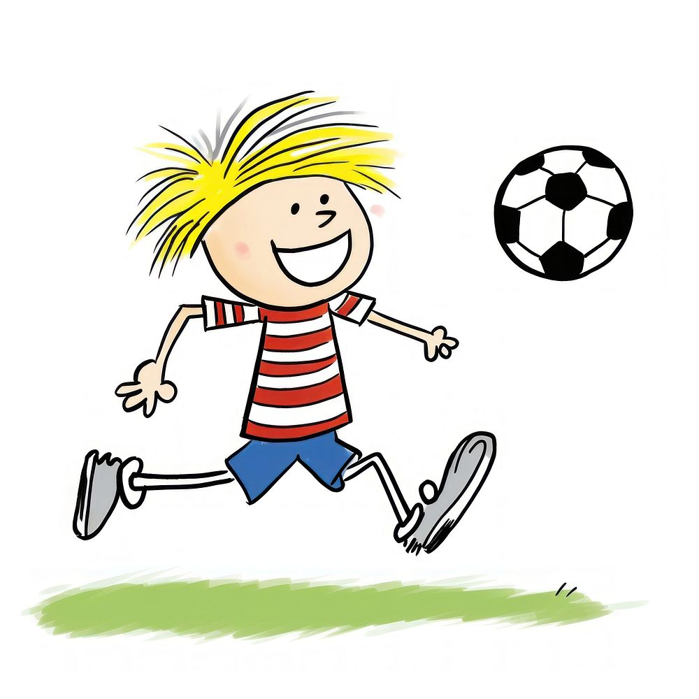 Boy playing football outdoors drawing cartoon.