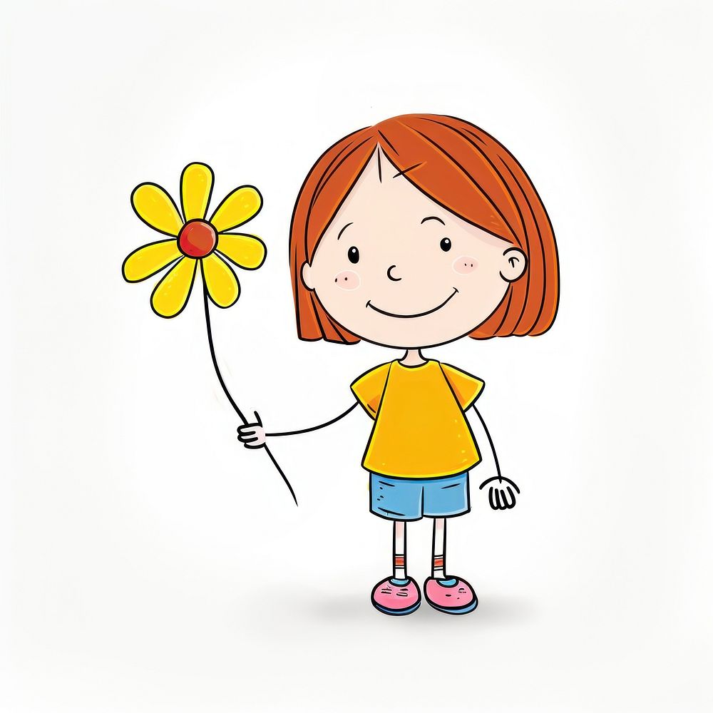 Girl holding a flower drawing sketch cartoon.