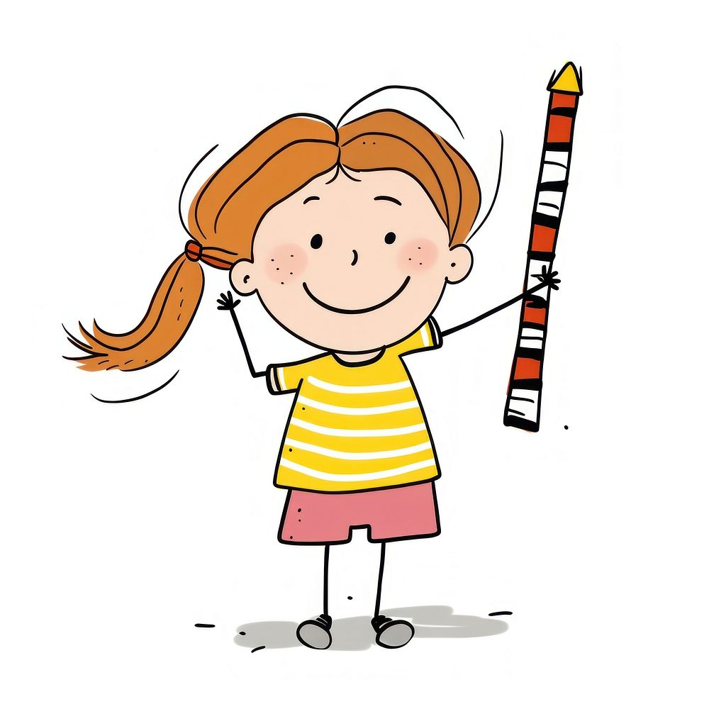 Girl holding a huge pencil cartoon drawing cute.