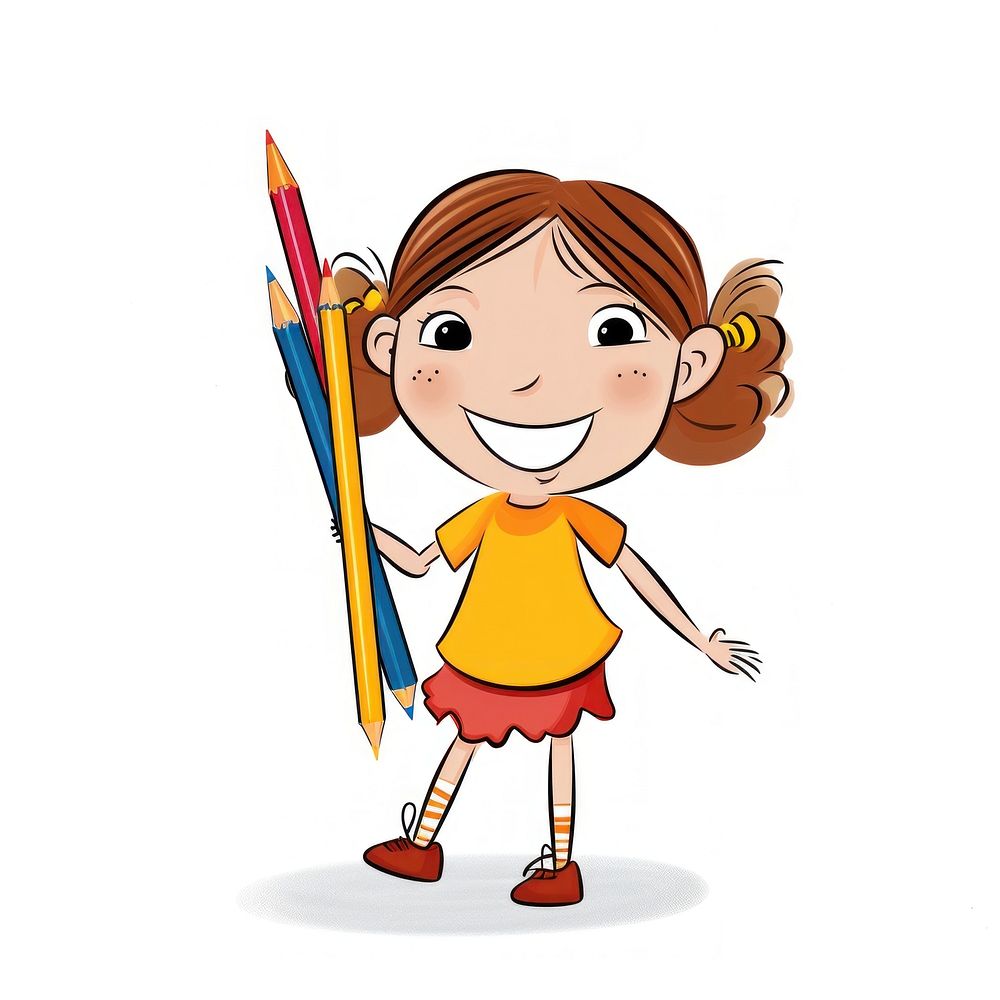 Girl holding a huge pencil drawing cartoon sketch.