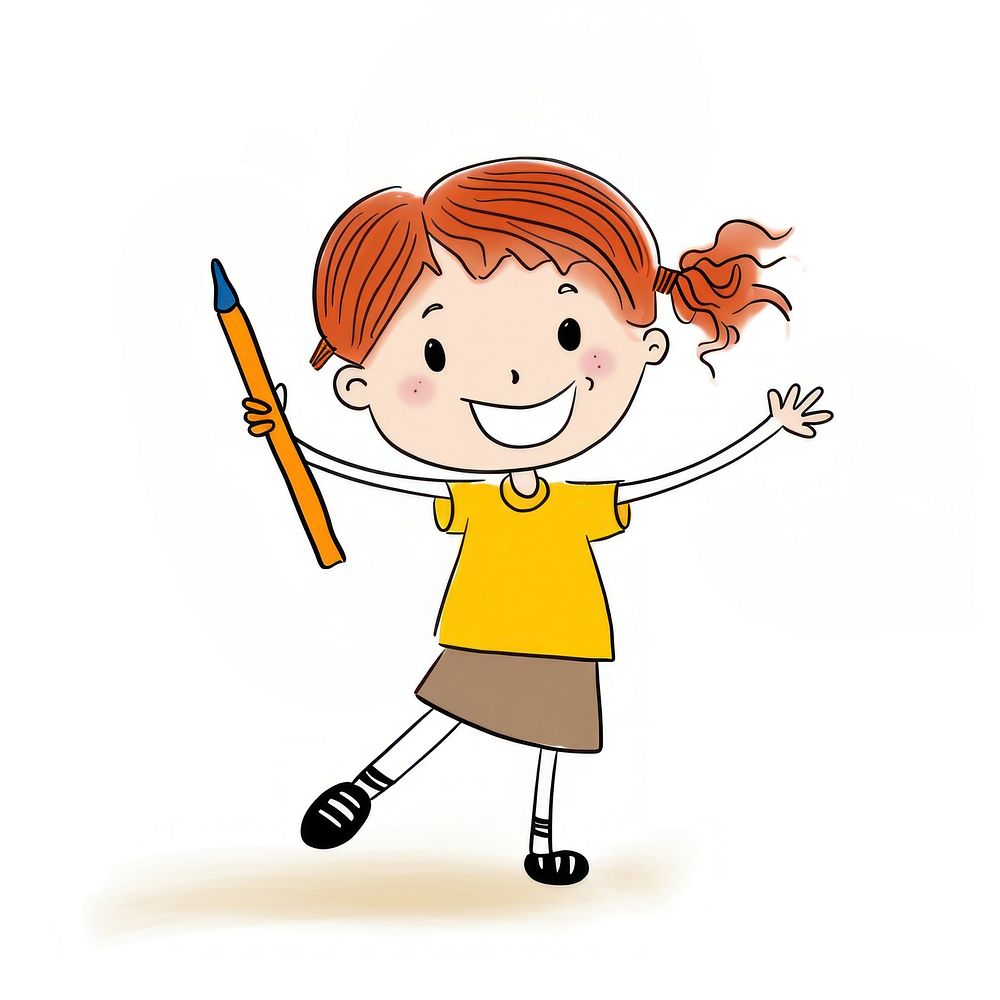 Girl holding a huge pencil drawing cartoon sketch.