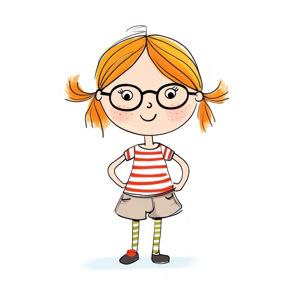 Happy wear girl wearing glasses cartoon drawing sketch.