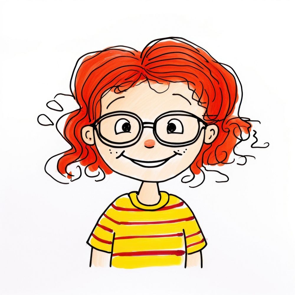 Happy girl wearing glasses drawing sketch portrait.