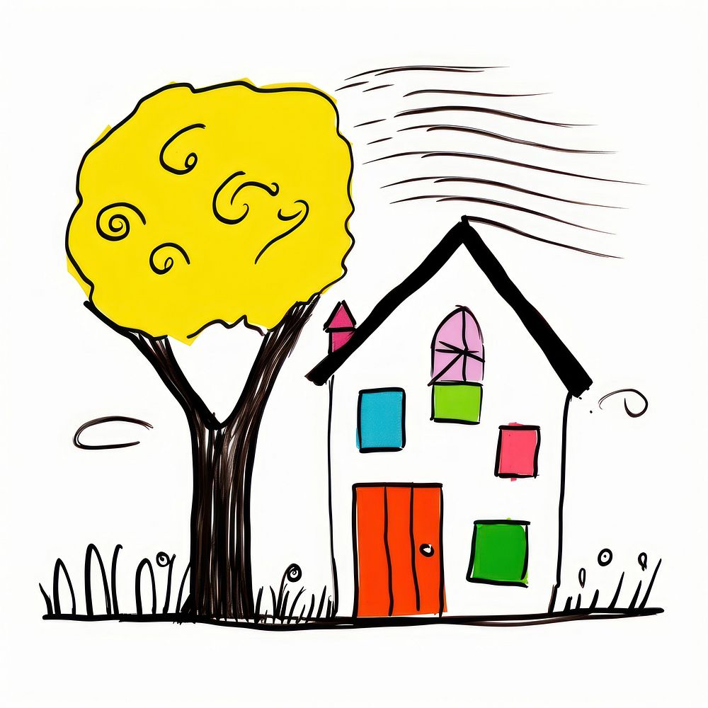 House with tree outdoors cartoon drawing. AI generated Image by rawpixel.