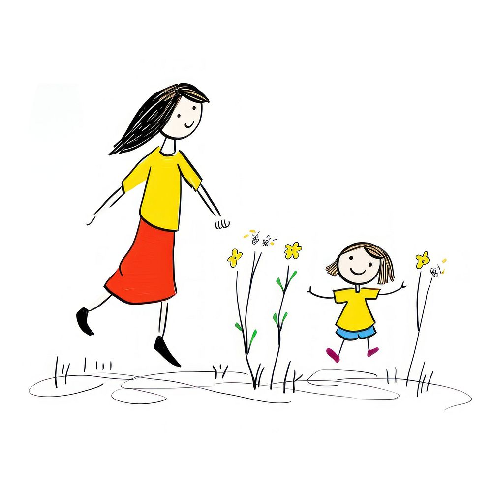 Mother and daugther drawing sketch cartoon.