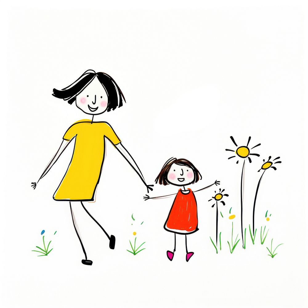 Mother and daugther drawing sketch cartoon.