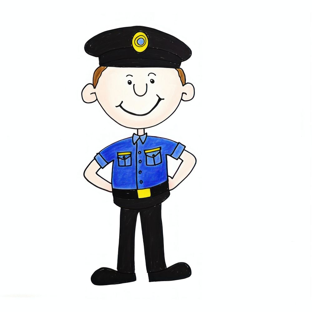Policeman cartoon drawing white background.