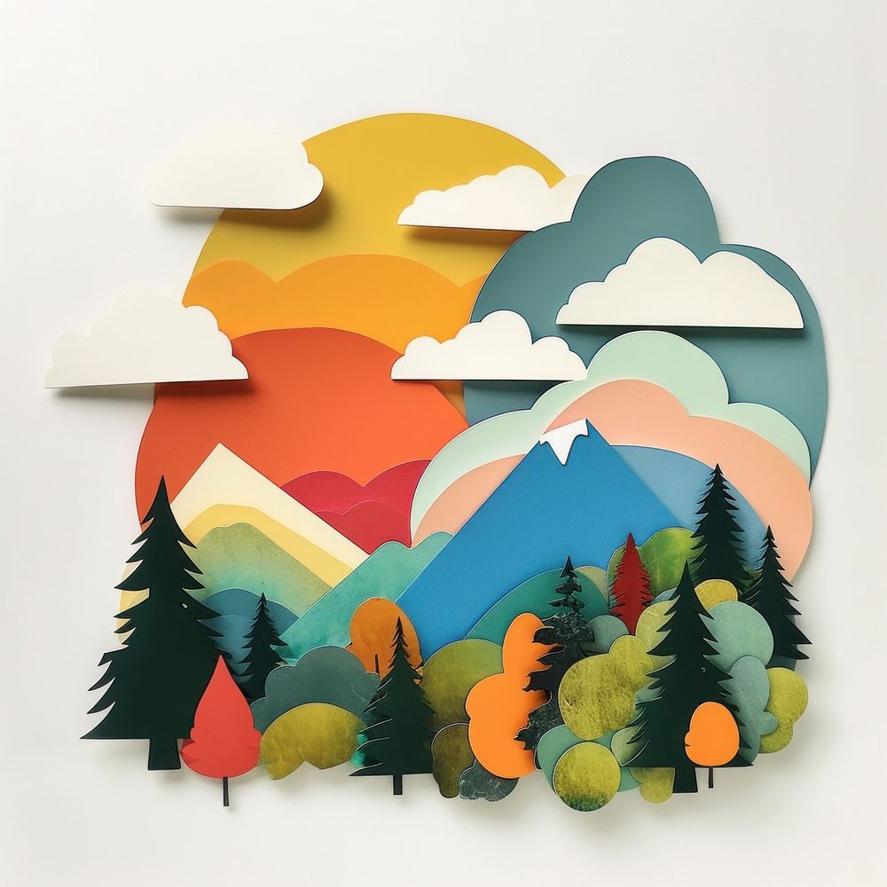 Cut paper collage with cloud art painting forest.