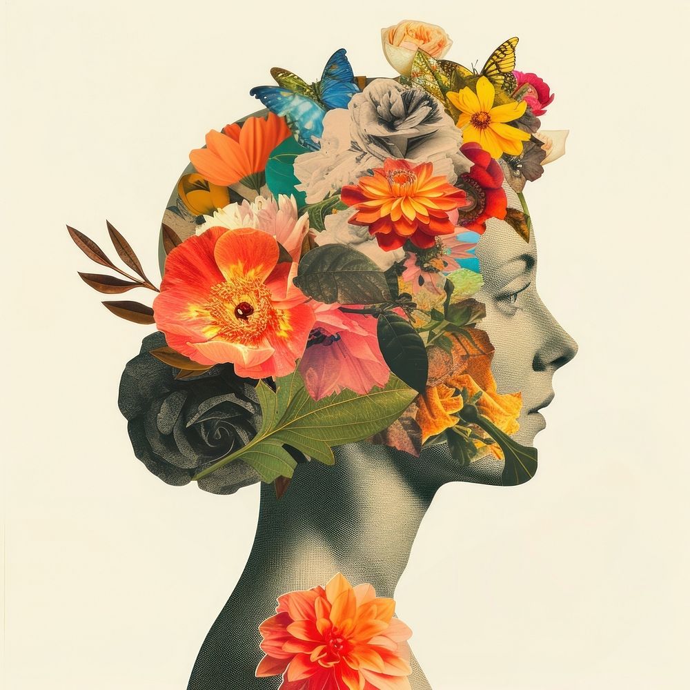 Cut paper collage with statue art painting flower.