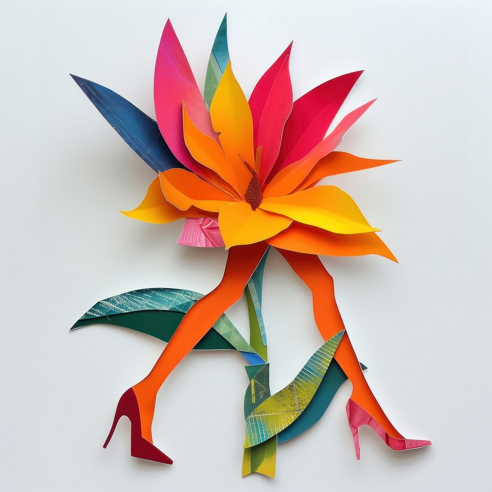 Cut paper collage with flower art origami white background.