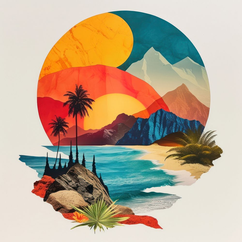 Cut paper collage with beach art painting nature.