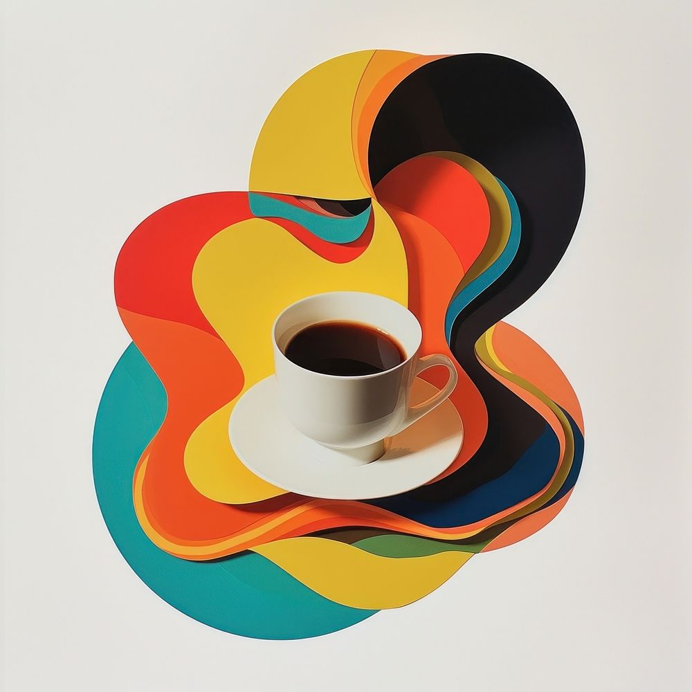 Cut paper collage with coffee art shape cup.