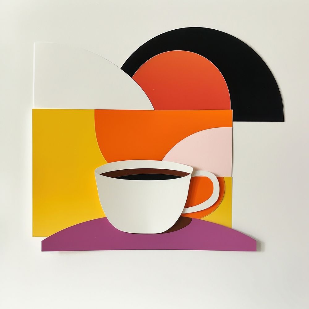 Cut paper collage with coffee art drink cup.