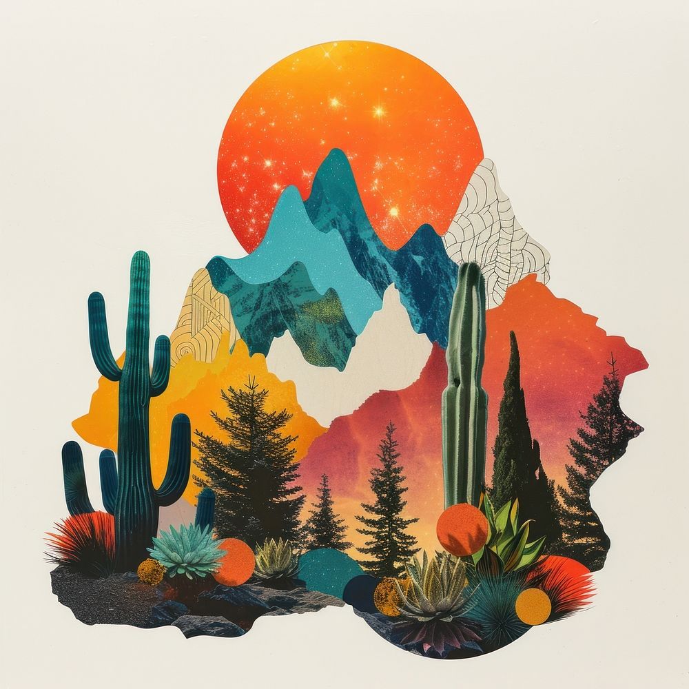 Cut paper collage with cactus art painting tranquility.