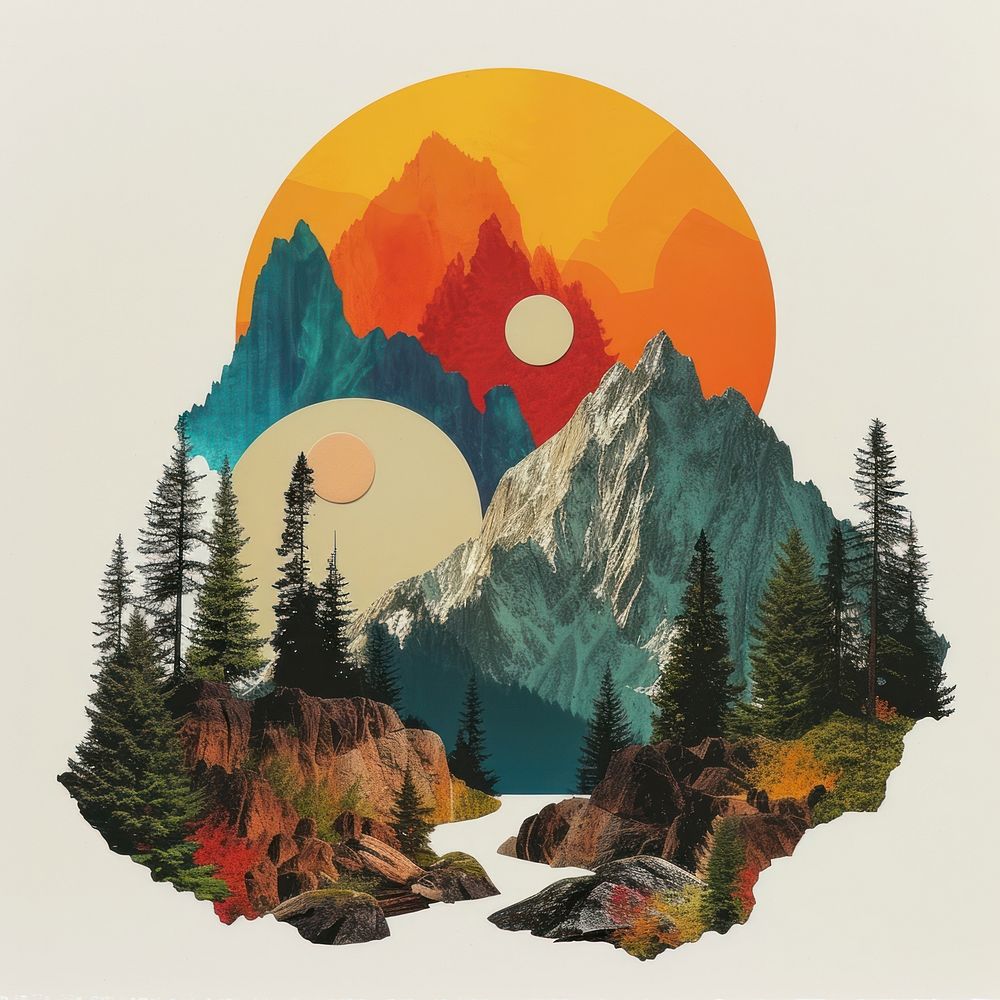 Cut paper collage with forest art wilderness mountain.