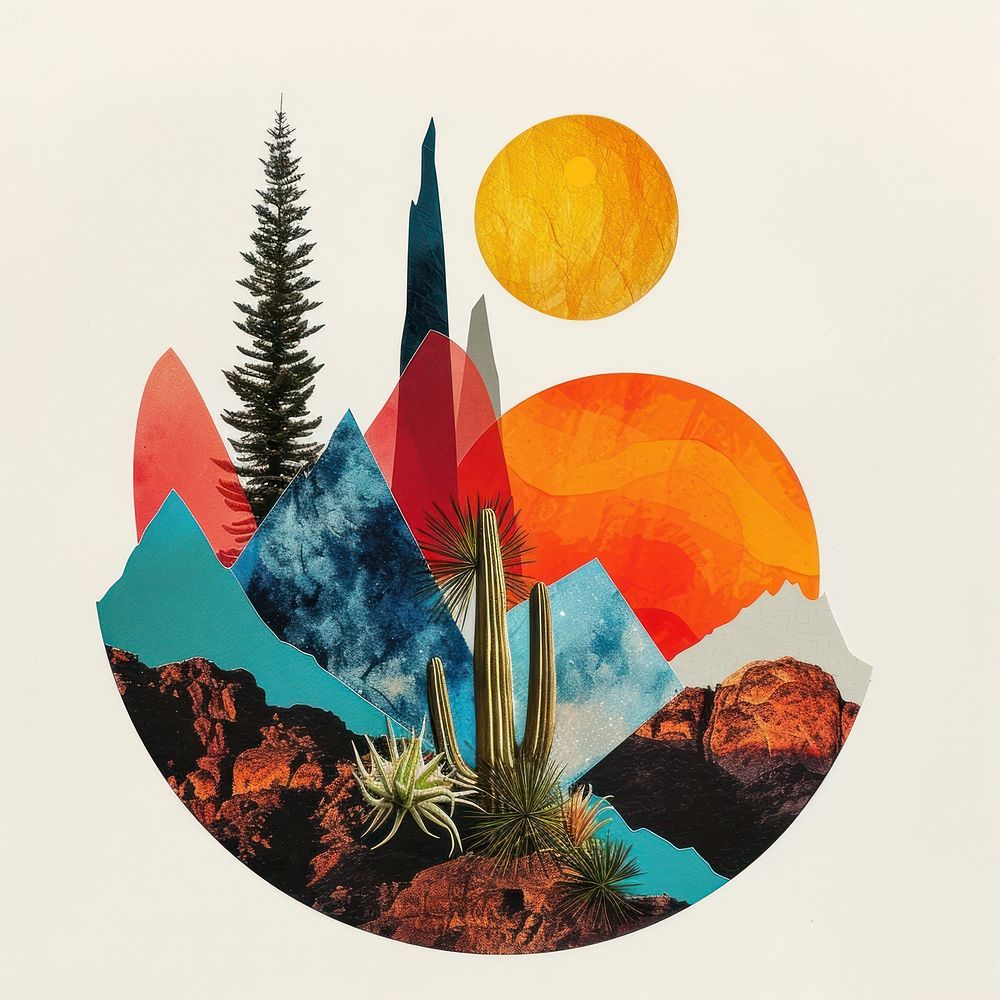 Cut paper collage with cactus art outdoors painting.