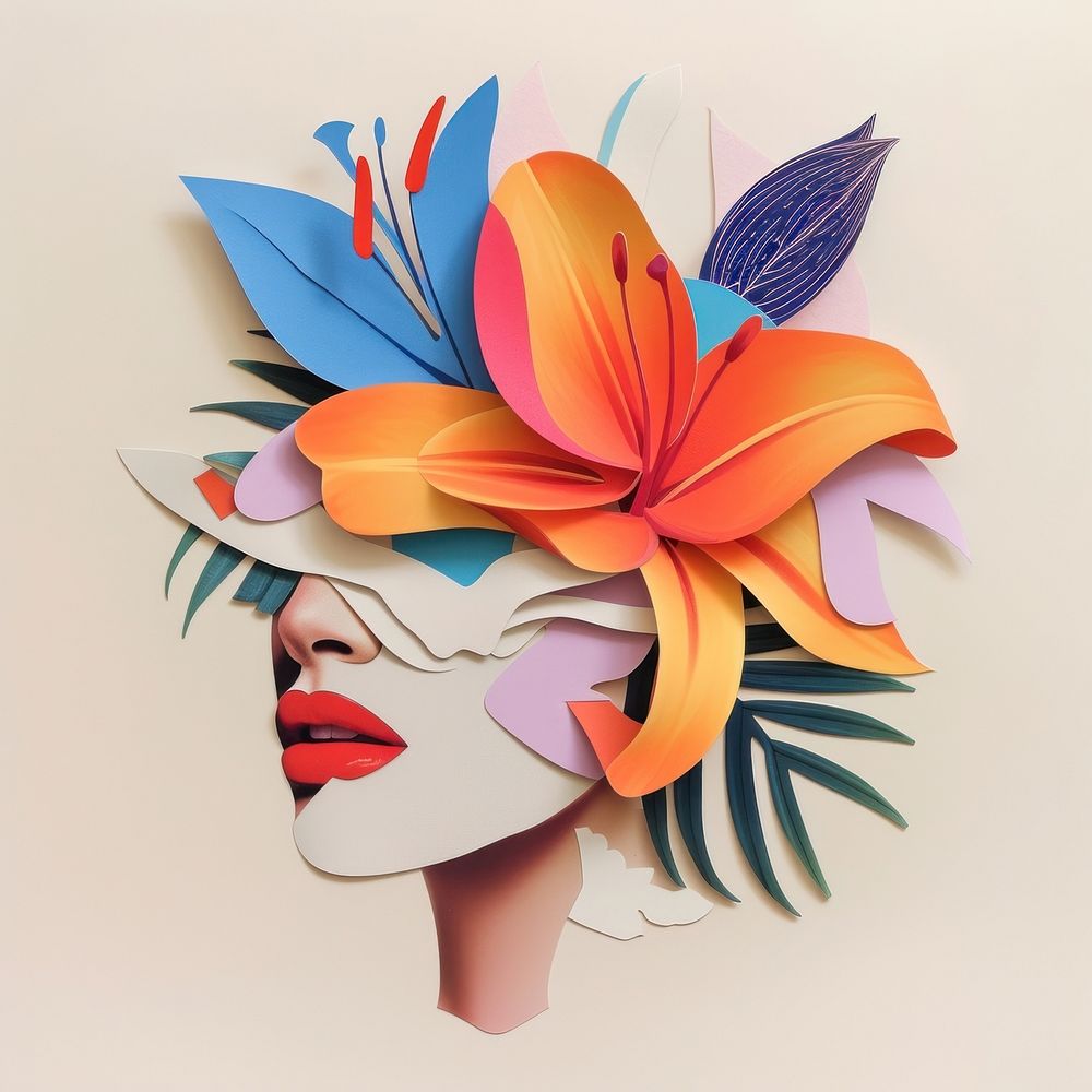 Cut paper collage with female flower art plant.