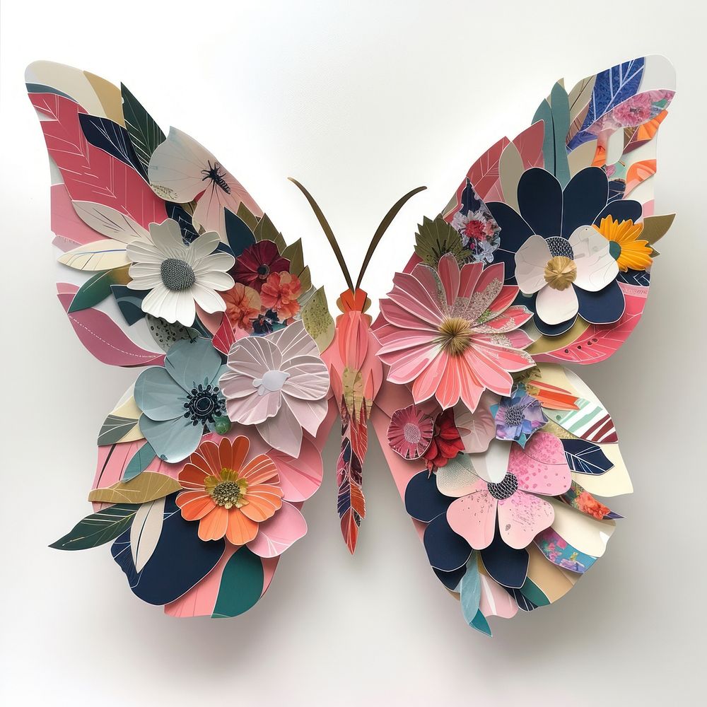 Cut paper collage with butterfly art pink white background.