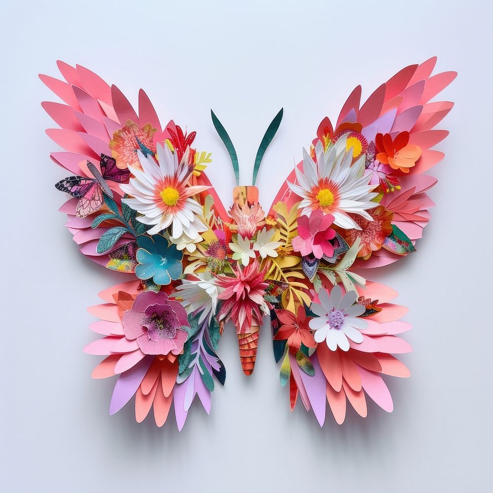 Cut paper collage with butterfly art flower plant.