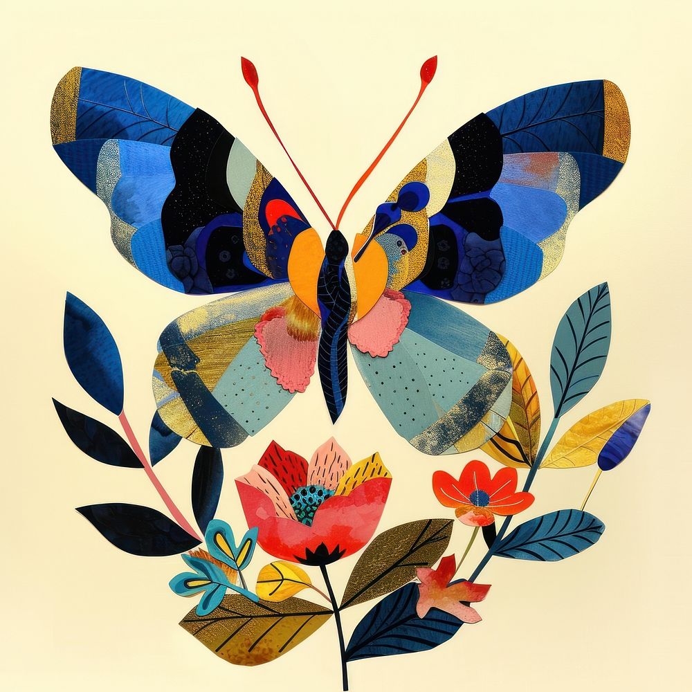 Cut paper collage with butterfly art pattern plant.