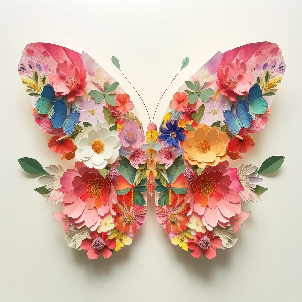 Cut paper collage with butterfly art pattern flower.