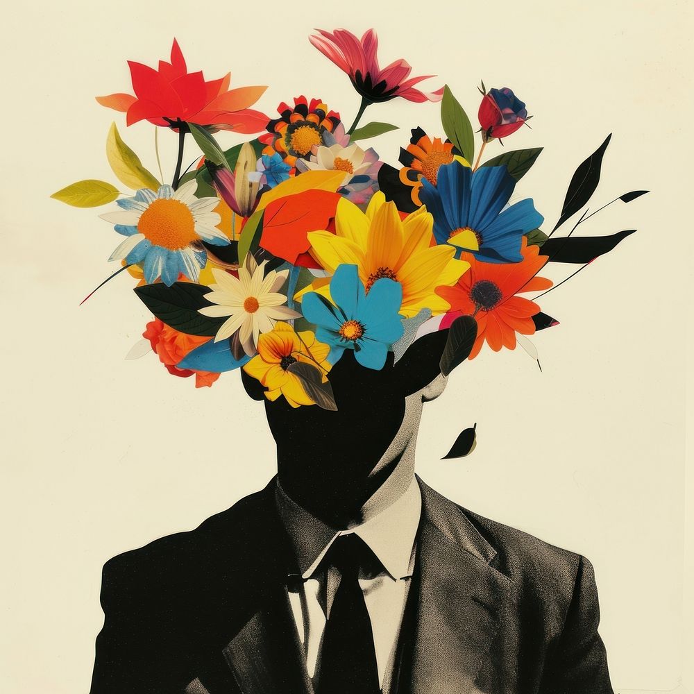 Cut paper collage with a man flower art plant.