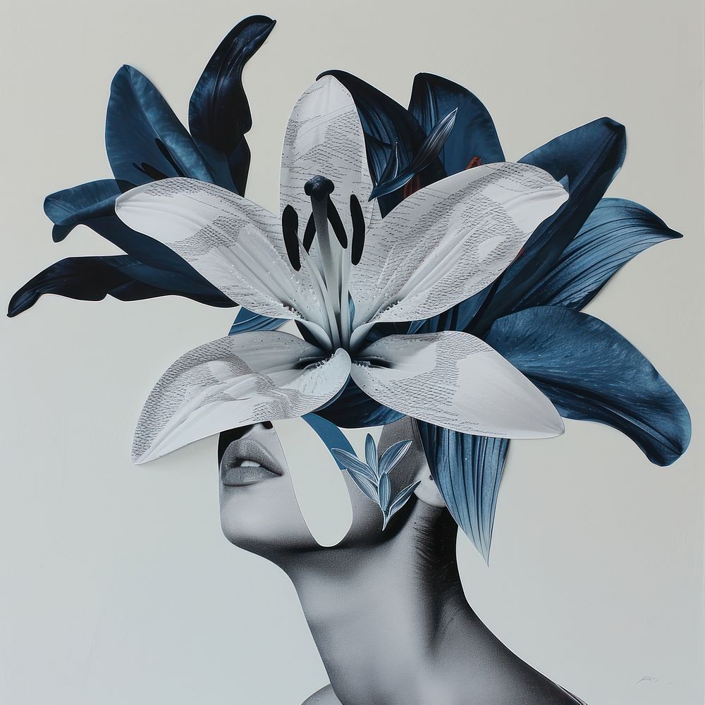 Cut paper collage with female flower lily art.