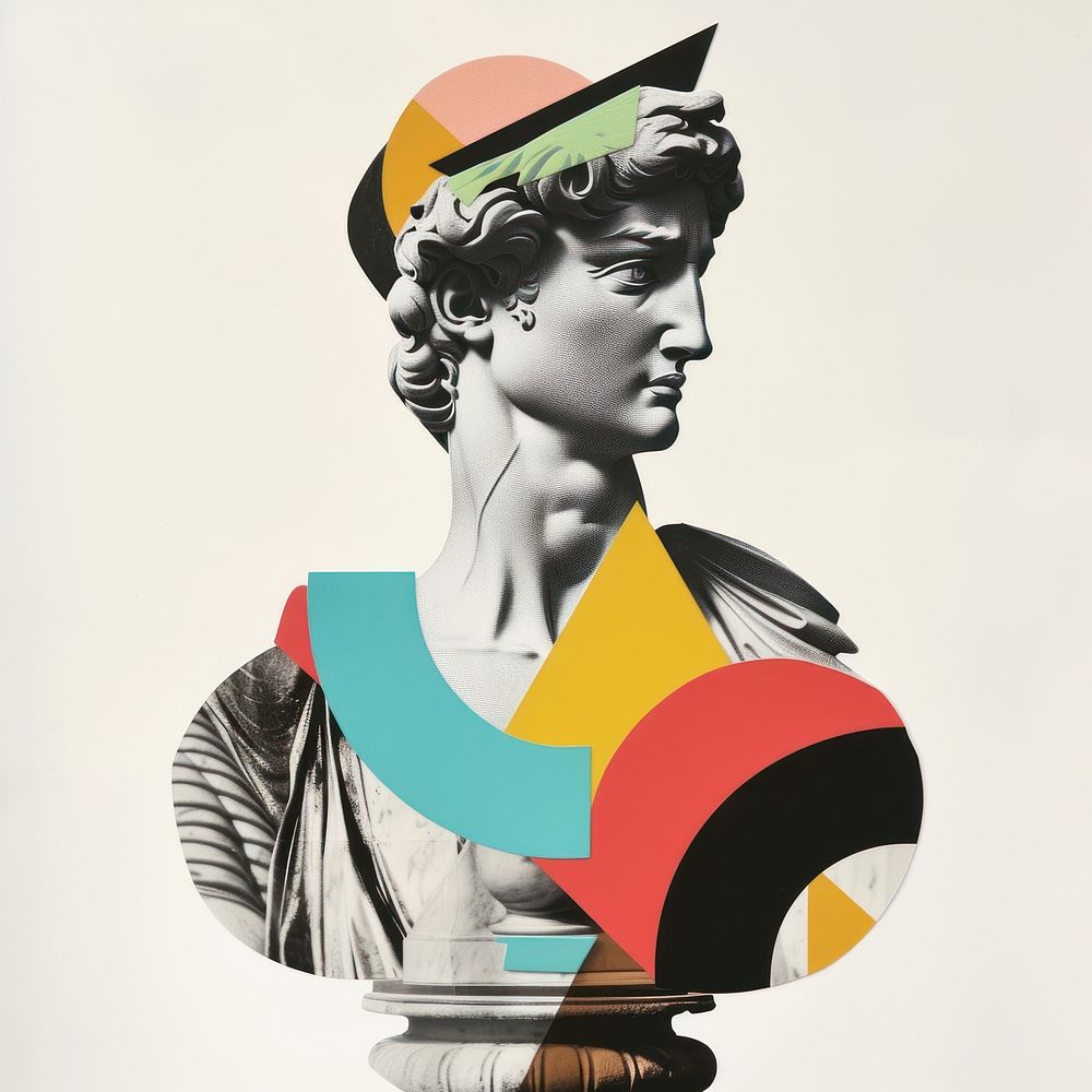 Cut paper collage with statue art sculpture painting.