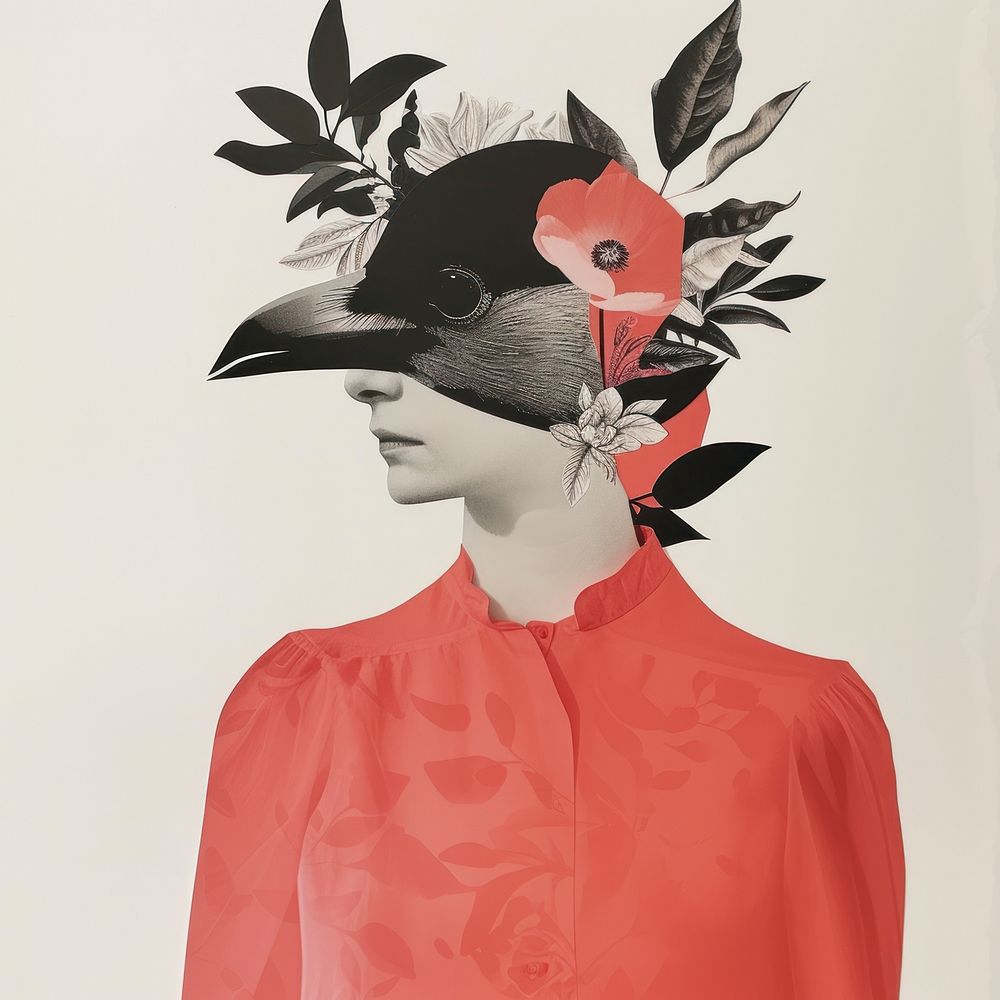 Cut paper collage with a woman art black head.